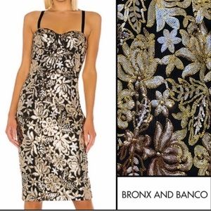 NWT Bronx and Banco Louise Floral Sequin Sheath Dress In Gold and Silver